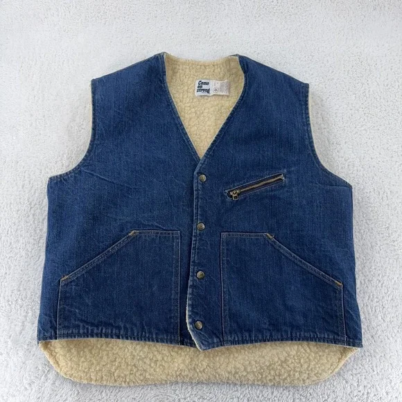 Vintage Come On Strong Vest Mens XL Blue Denim Sherpa Lined Workwear 80s USA - Picture 1 of 5